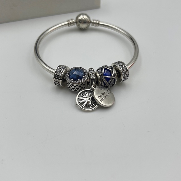 Pandora silver bracelet with 5 Dazzling Wishes Blue Charm Retired Authentic - Picture 6 of 8